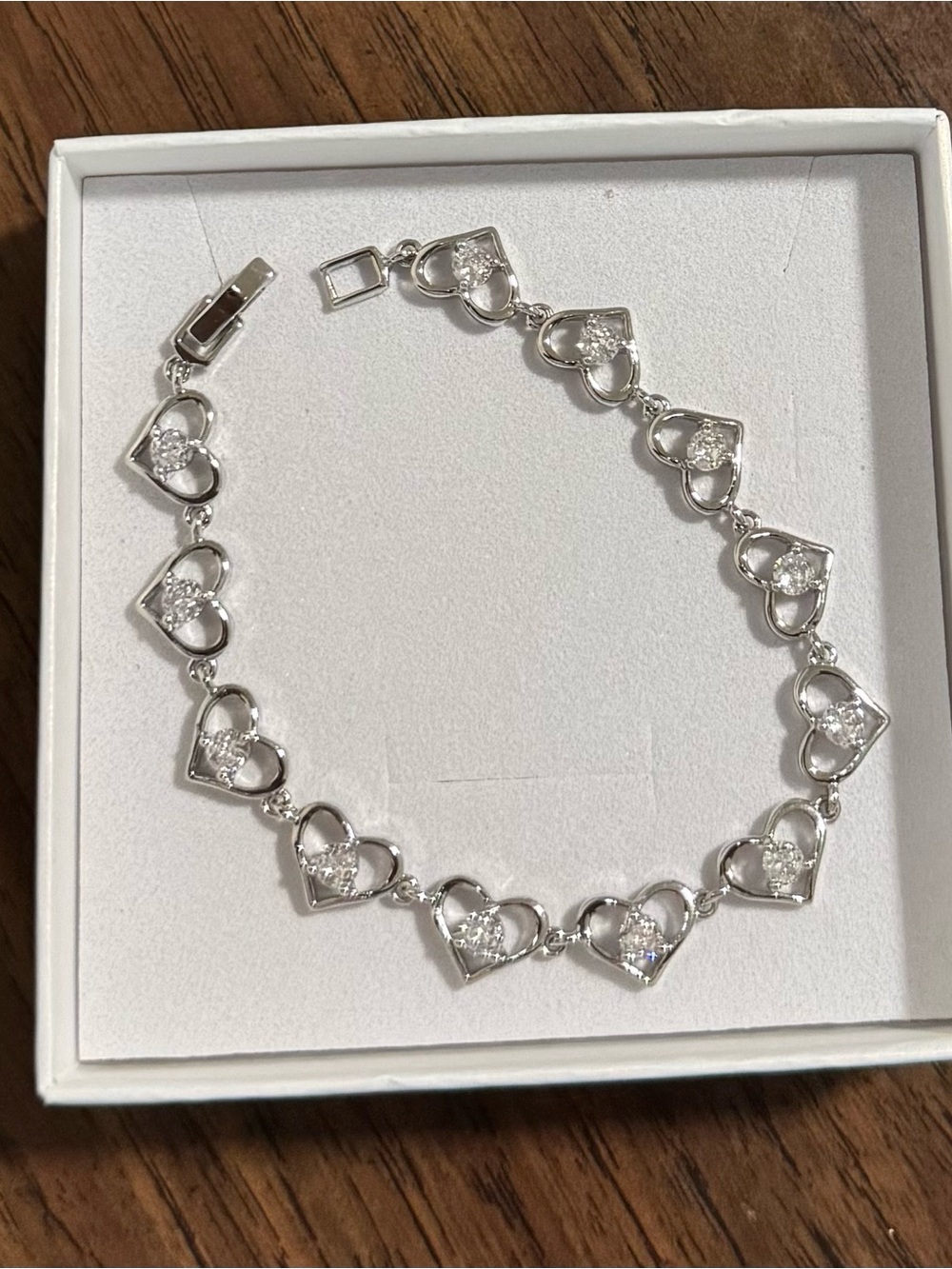 Silver Heart Link Bracelet with Cubic Zirconia Accents